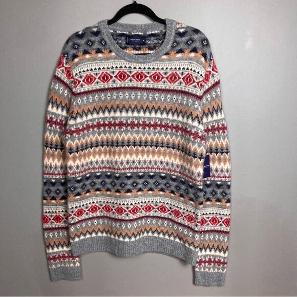 Lucky Brand sweater Men's Medium NWT pullover crewneck fair Isle Gray red blue - Picture 1 of 11